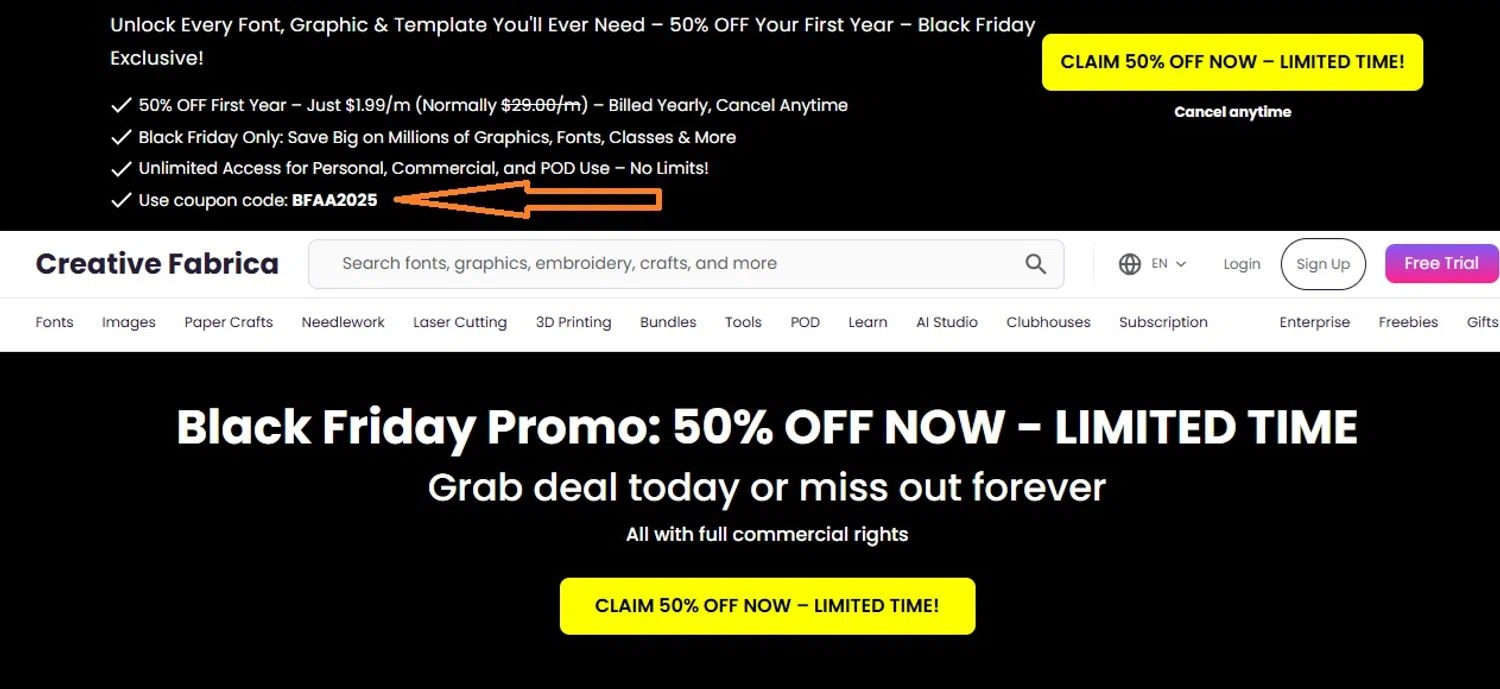 Creative Fabrica promo code screenshot showing code BFAA2025 applied at Creative Fabrica checkout page. Uploaded by SimplyCodes community member choice on Nov 22, 2025