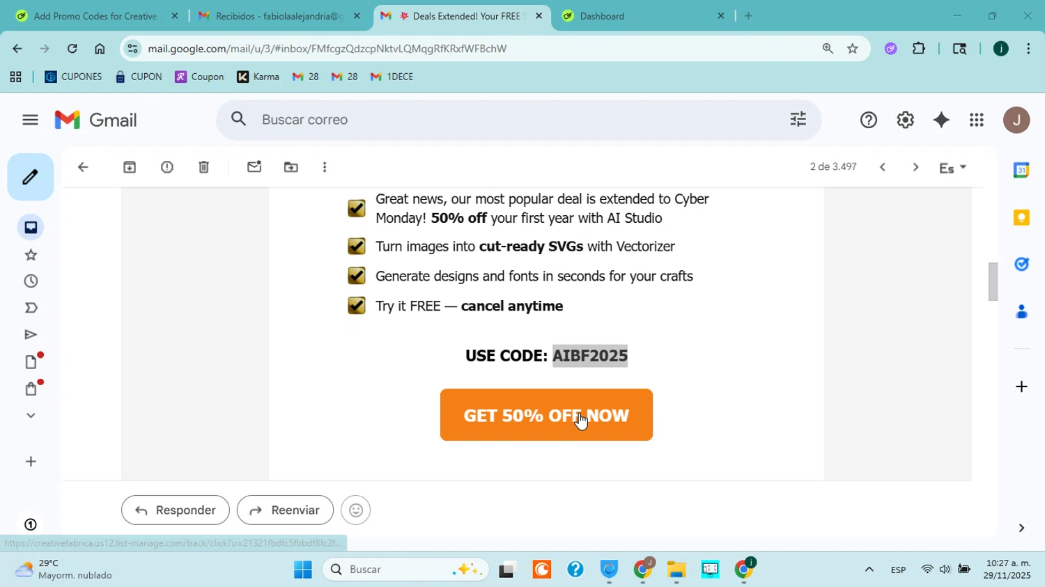 Creative Fabrica promo code screenshot showing code AIBF2025 applied at Creative Fabrica checkout page. Uploaded by SimplyCodes community member jorgejavierherrera on Nov 29, 2025