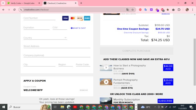 CreativeLive checkout page showing CreativeLive coupon code box | Screenshot taken by SimplyCodes community member on Feb 11, 2025