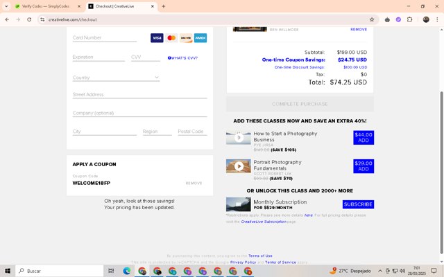 CreativeLive checkout page showing CreativeLive coupon code box | Screenshot taken by SimplyCodes community member on Mar 28, 2025