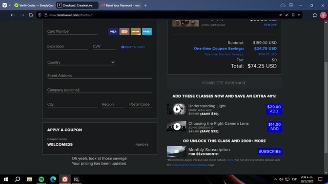 CreativeLive checkout page showing CreativeLive coupon code box | Screenshot taken by SimplyCodes community member on Feb 20, 2025