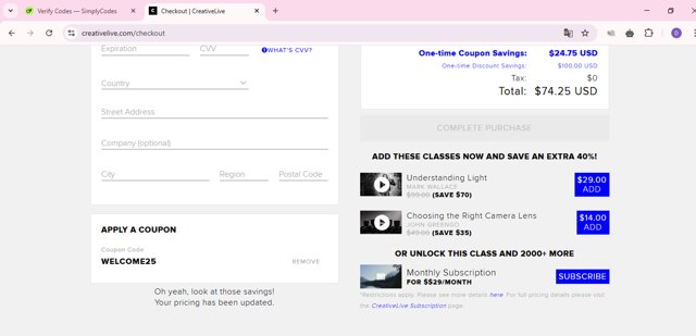 CreativeLive checkout page showing CreativeLive coupon code box | Screenshot taken by SimplyCodes community member on Mar 17, 2025