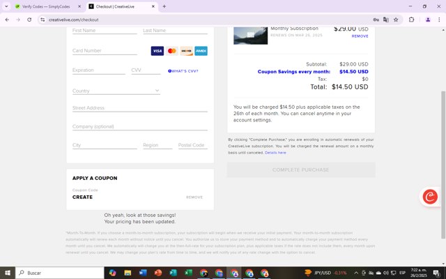 CreativeLive checkout page showing CreativeLive coupon code box | Screenshot taken by SimplyCodes community member on Feb 26, 2025