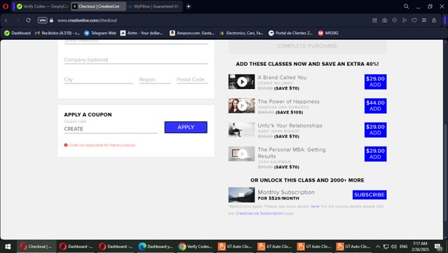 CreativeLive checkout page showing CreativeLive coupon code box | Screenshot taken by SimplyCodes community member on Feb 26, 2025