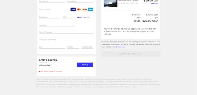CreativeLive checkout page showing CreativeLive coupon code box | Screenshot taken by SimplyCodes community member on Mar 21, 2025