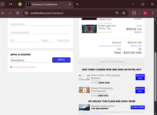 CreativeLive checkout page showing CreativeLive coupon code box | Screenshot taken by SimplyCodes community member on Apr 12, 2025