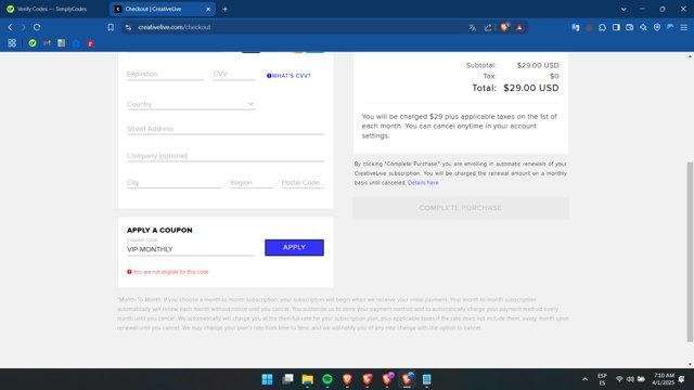 CreativeLive checkout page showing CreativeLive coupon code box | Screenshot taken by SimplyCodes community member on Apr 1, 2025