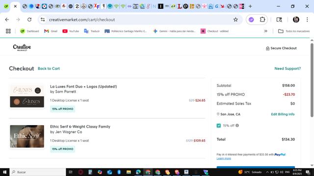 Creative Market checkout page showing Creative Market promo code box | Screenshot taken by SimplyCodes community member on Aug 10, 2025