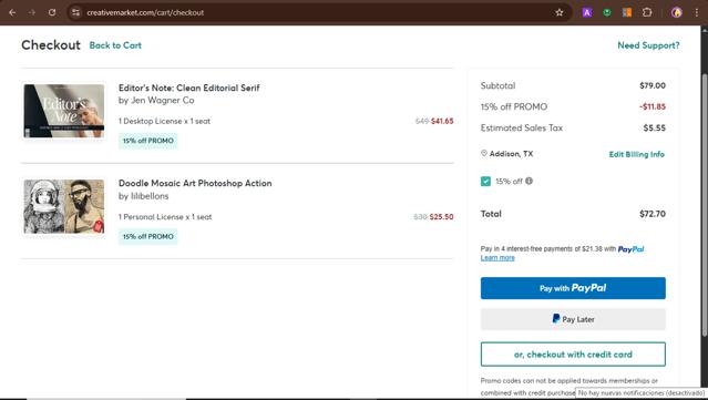 Creative Market checkout page showing Creative Market promo code box | Screenshot taken by SimplyCodes community member on Aug 22, 2025