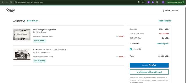 Creative Market checkout page showing Creative Market promo code box | Screenshot taken by SimplyCodes community member on Sep 11, 2025