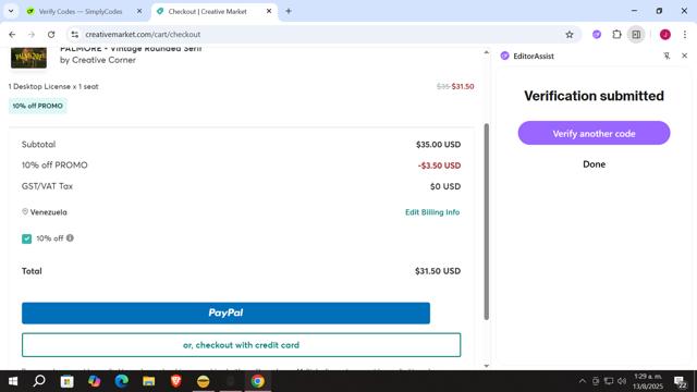 Creative Market checkout page showing Creative Market promo code box | Screenshot taken by SimplyCodes community member on Aug 13, 2025