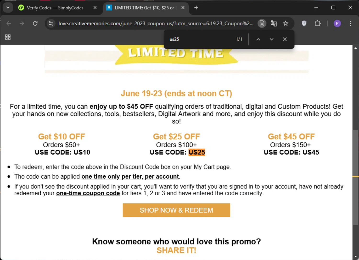 where to use Creative Memories promo code box