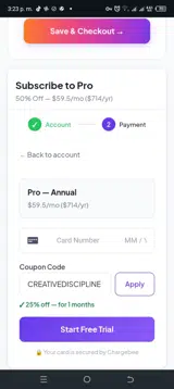 CREATIVEDISCIPLINE coupon verification screenshot
