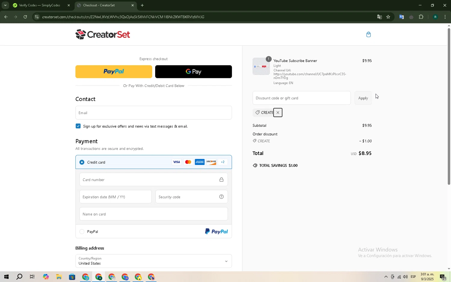 CreatorSet discount code screenshot showing code CREATE applied at CreatorSet checkout page. Uploaded by SimplyCodes community member Shelby_T on Mar 9, 2025