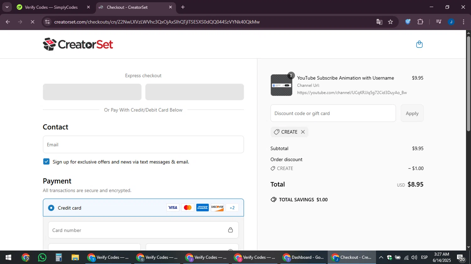 CreatorSet discount code screenshot showing code CREATE applied at CreatorSet checkout page. Uploaded by SimplyCodes community member noesmith34ur on Jun 14, 2025