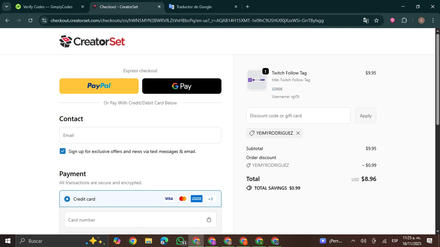 CreatorSet discount code screenshot showing code YEIMYRODRIGUEZ applied at CreatorSet checkout page. Uploaded by SimplyCodes community member NobleExpert6497 on Nov 16, 2025