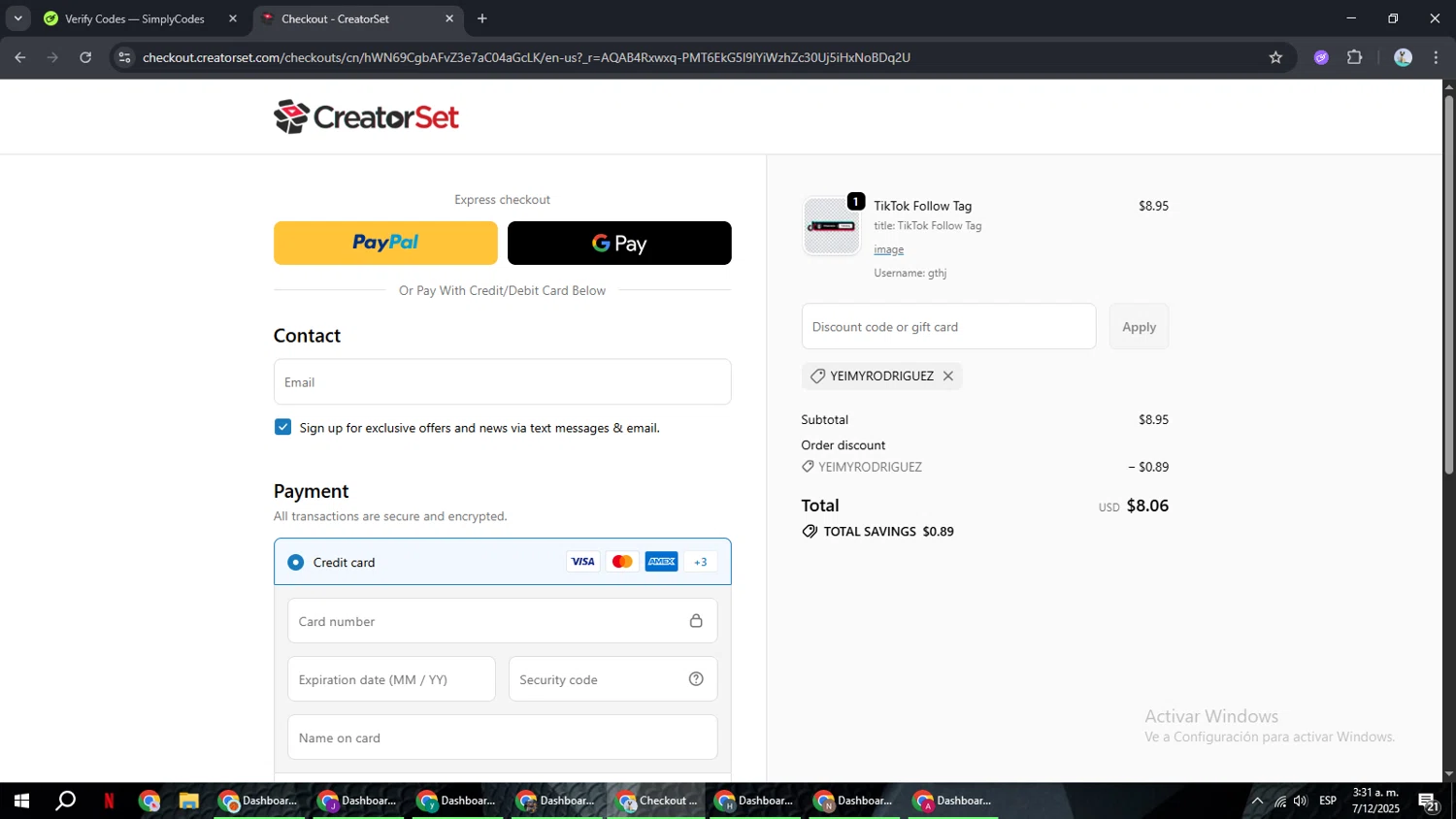 CreatorSet discount code screenshot showing code YEIMYRODRIGUEZ applied at CreatorSet checkout page. Uploaded by SimplyCodes community member ShrewdSeeker6165 on Dec 7, 2025