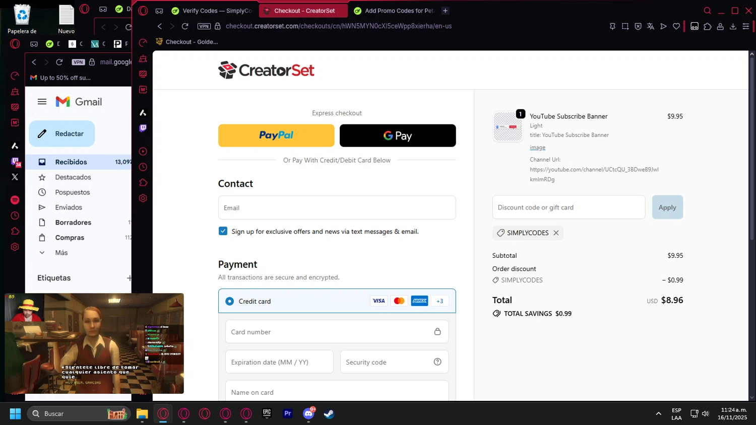 CreatorSet discount code screenshot showing code SIMPLYCODES applied at CreatorSet checkout page. Uploaded by SimplyCodes community member Billyyou on Nov 16, 2025