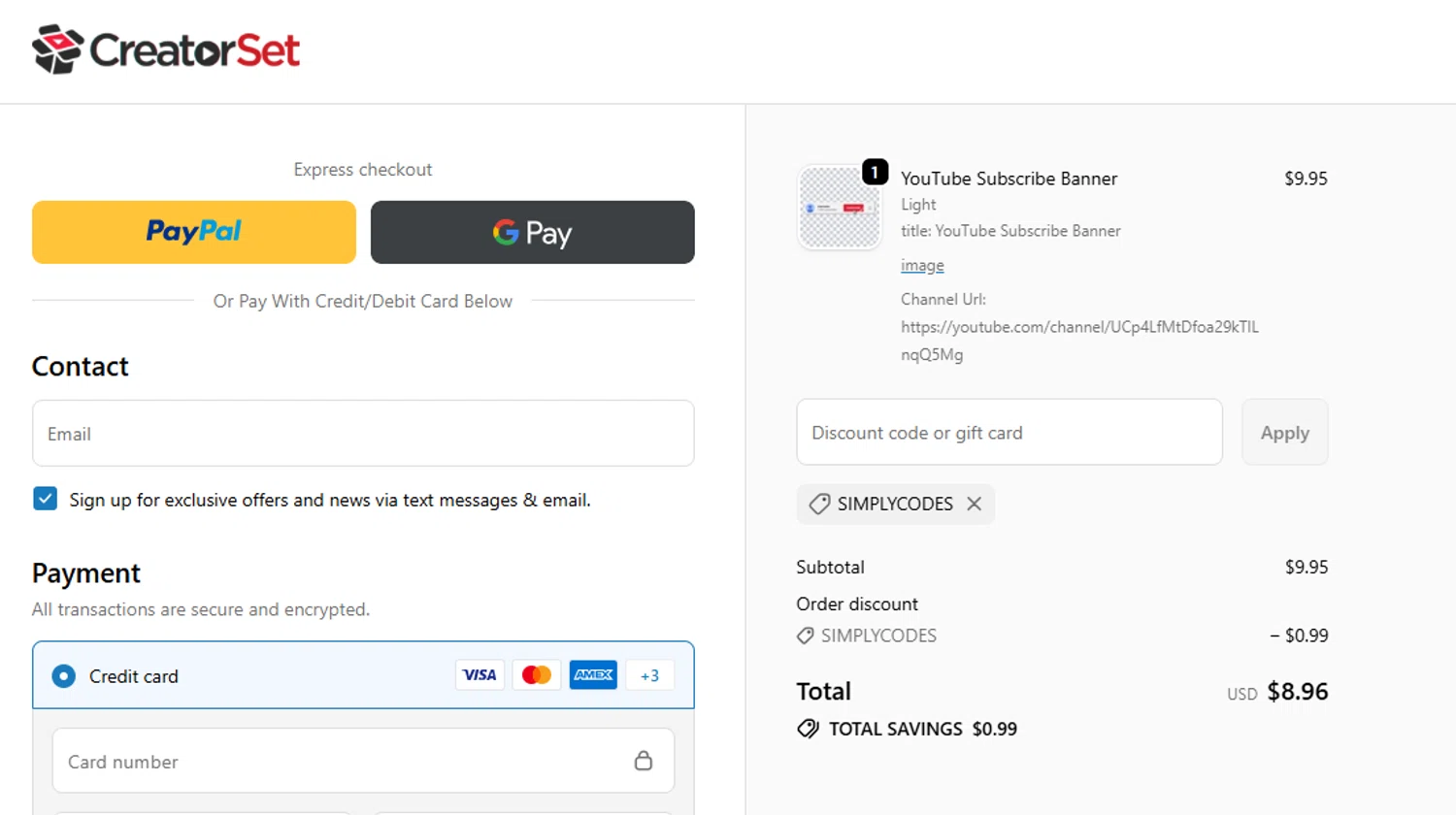 CreatorSet discount code screenshot showing code SIMPLYCODES applied at CreatorSet checkout page. Uploaded by SimplyCodes community member Stun333 on Oct 24, 2025