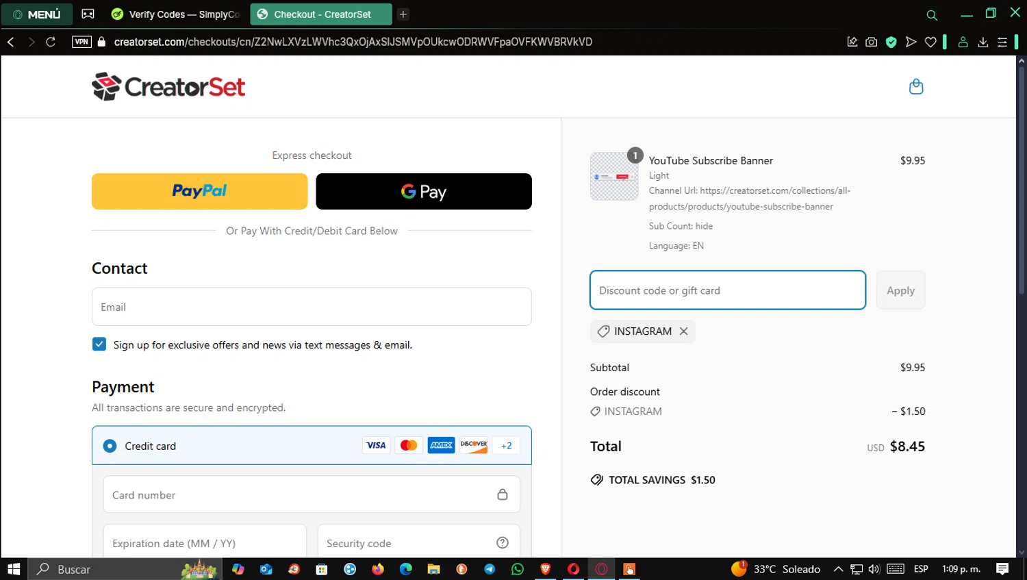 CreatorSet discount code screenshot showing code INSTAGRAM applied at CreatorSet checkout page. Uploaded by SimplyCodes community member Mrburns on Apr 13, 2025