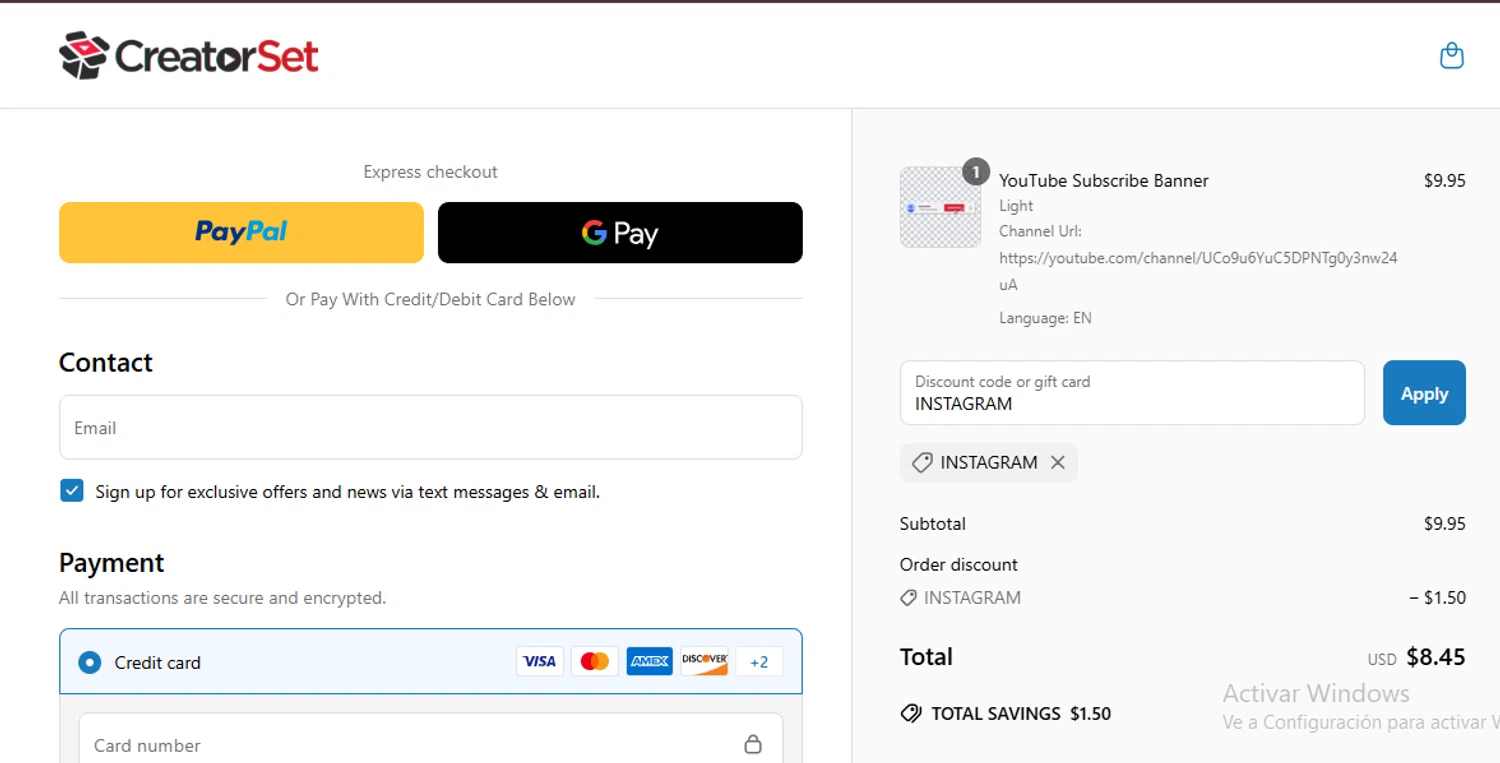 CreatorSet discount code screenshot showing code INSTAGRAM applied at CreatorSet checkout page. Uploaded by SimplyCodes community member rassoulfstorres on Apr 13, 2025