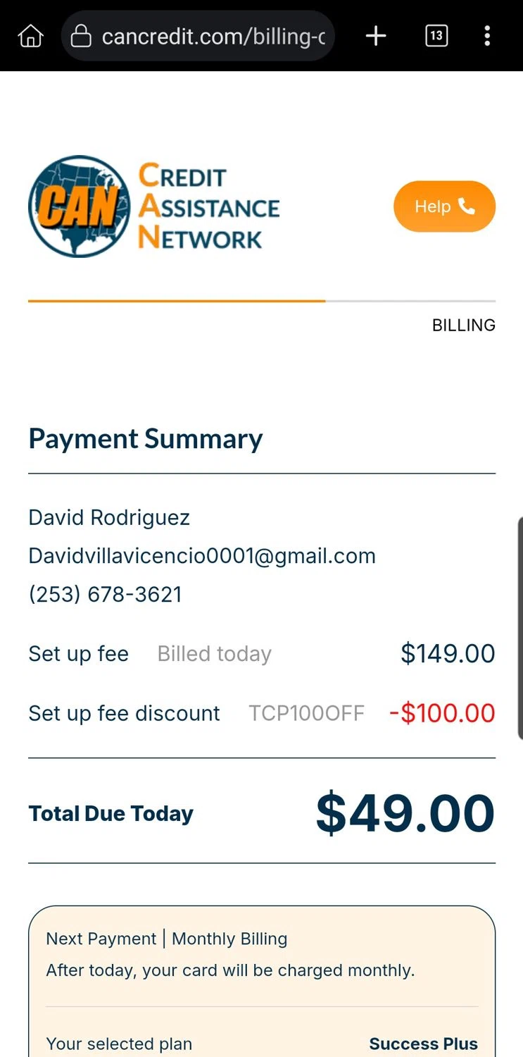 Credit Assistance Network promo code screenshot showing code TCP100OFF applied at Credit Assistance Network checkout page. Uploaded by SimplyCodes community member Carloslvz on Apr 10, 2026
