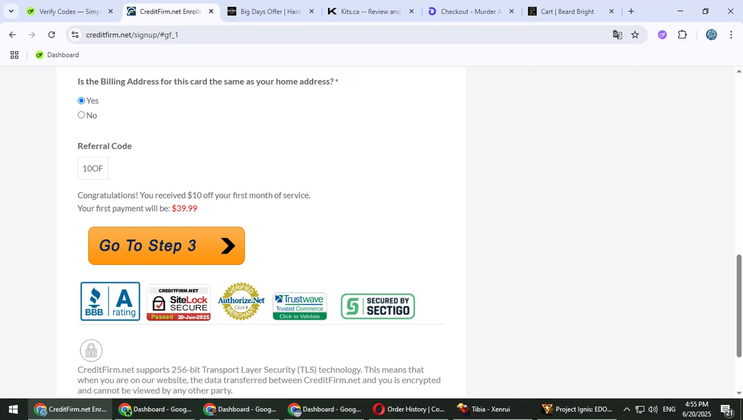 Credit Firm promo code screenshot showing code 10OFFDS applied at Credit Firm checkout page. Uploaded by SimplyCodes community member PokeGOAT on Jun 20, 2025