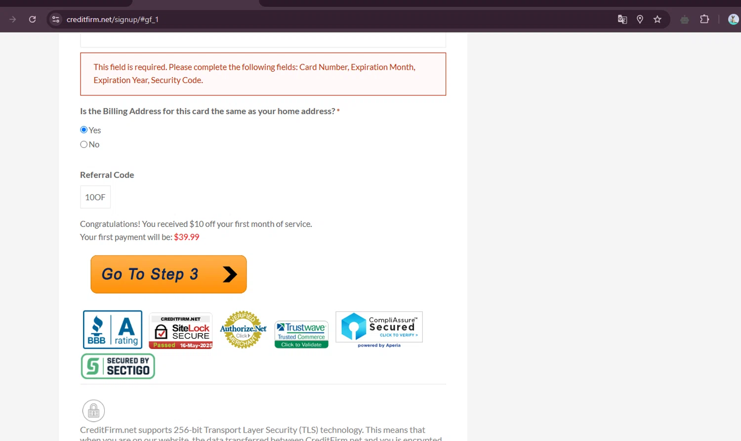 Credit Firm promo code screenshot showing code 10OFFDS applied at Credit Firm checkout page. Uploaded by SimplyCodes community member elgatobravo on May 16, 2025