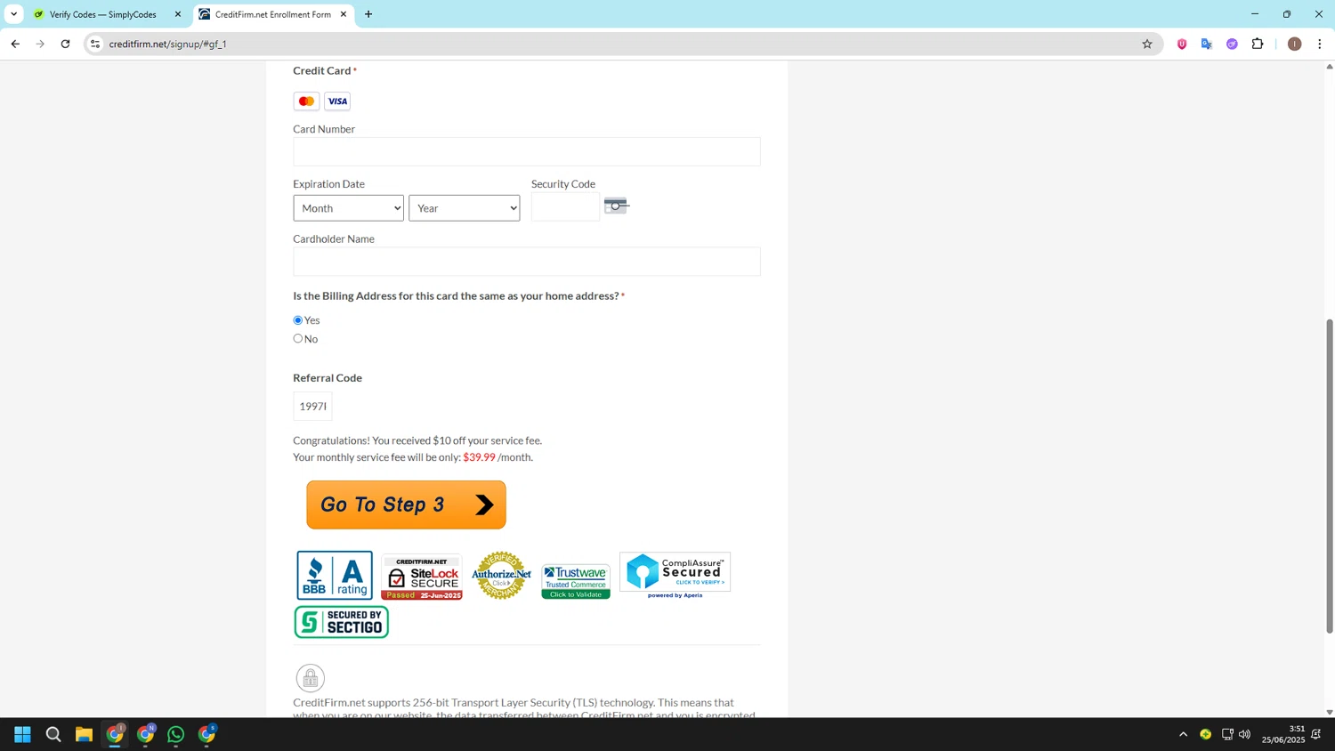 Credit Firm promo code screenshot showing code 1997PRICE applied at Credit Firm checkout page. Uploaded by SimplyCodes community member CashSleuth106 on Jun 25, 2025