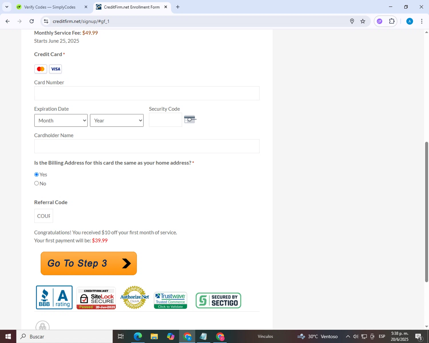 Credit Firm promo code screenshot showing code COUPERT10 applied at Credit Firm checkout page. Uploaded by SimplyCodes community member SavvyCollector2869 on Jun 20, 2025