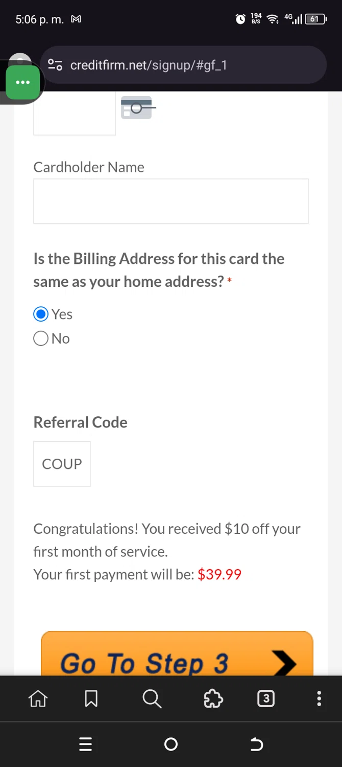 Credit Firm checkout page showing Credit Firm promo code box | Screenshot taken by SimplyCodes community member on Jun 20, 2025