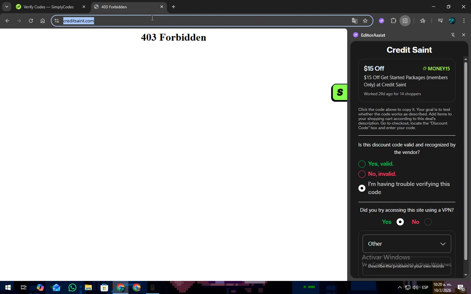 Credit Saint coupon code screenshot showing code MONEY15 applied at Credit Saint checkout page. Uploaded by SimplyCodes community member SOPACONPAN on Feb 10, 2026