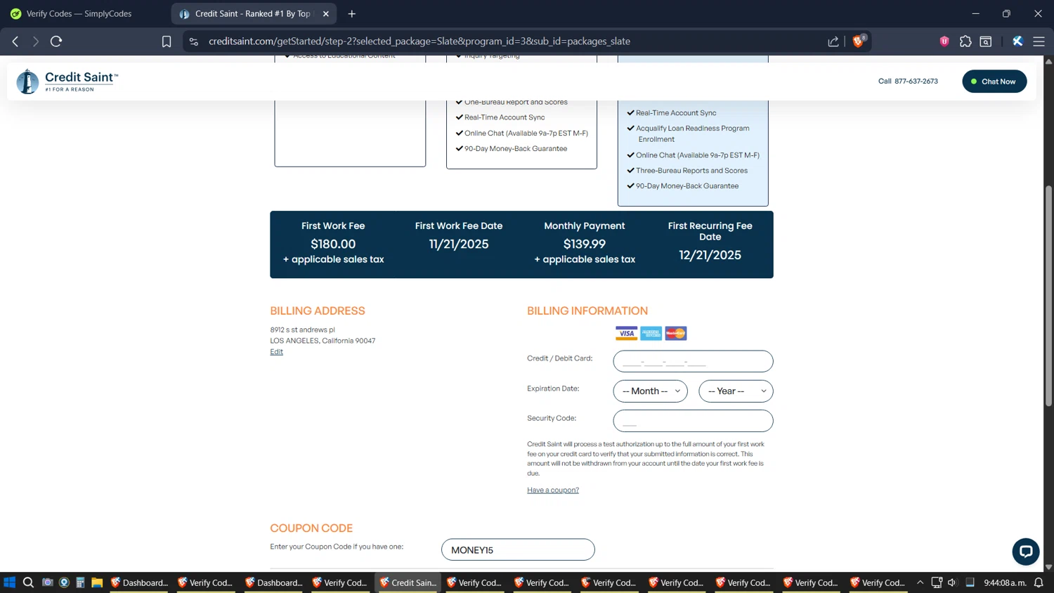 Credit Saint coupon code screenshot showing code MONEY15 applied at Credit Saint checkout page. Uploaded by SimplyCodes community member SoulPower on Nov 15, 2025