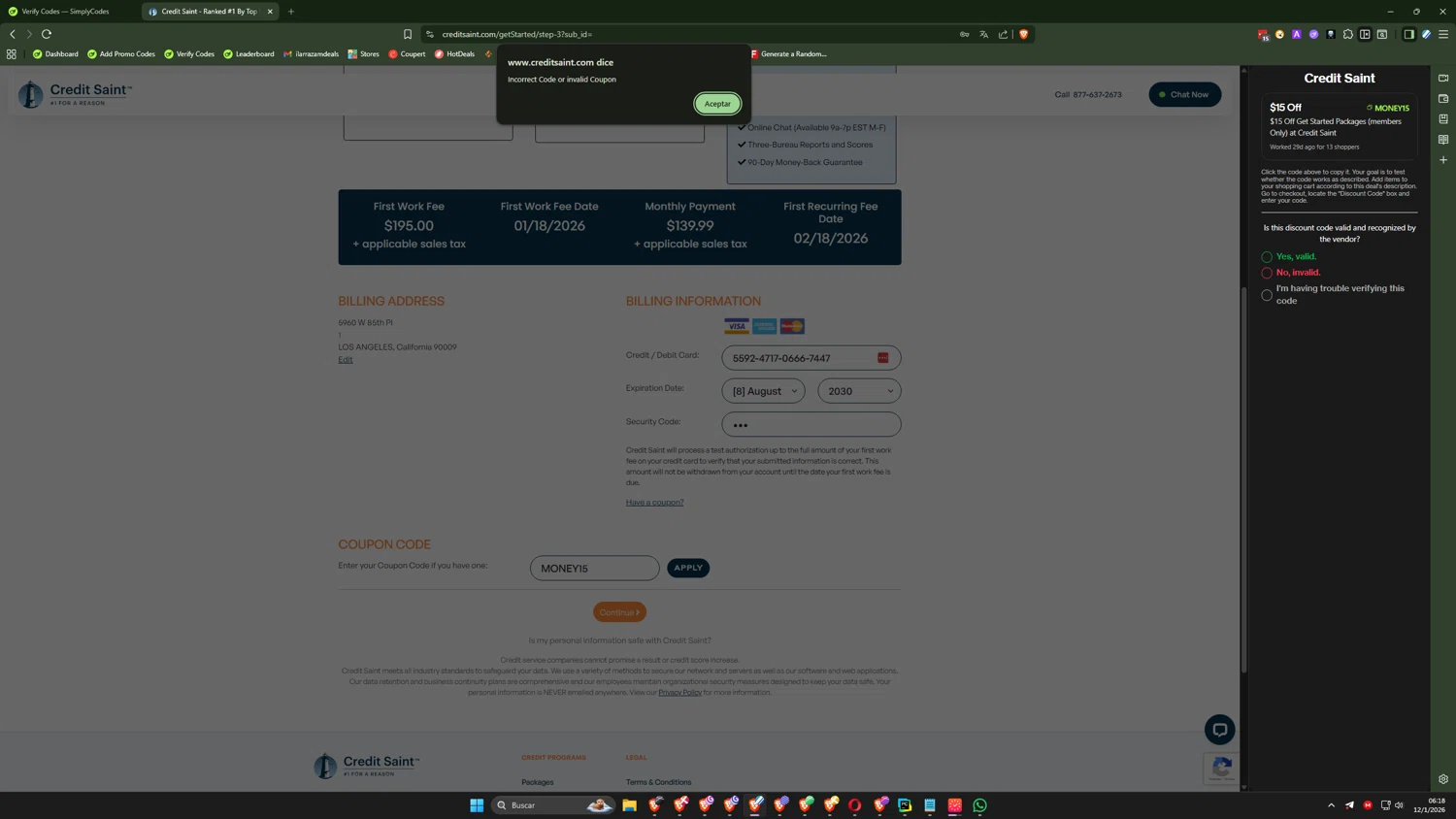Credit Saint coupon code screenshot showing code MONEY15 applied at Credit Saint checkout page. Uploaded by SimplyCodes community member SwiftLogic2048 on Jan 12, 2026