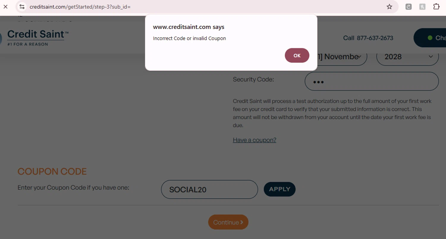 Credit Saint coupon code screenshot showing code SOCIAL20 applied at Credit Saint checkout page. Uploaded by SimplyCodes community member GloriousCollector9521 on Oct 28, 2025