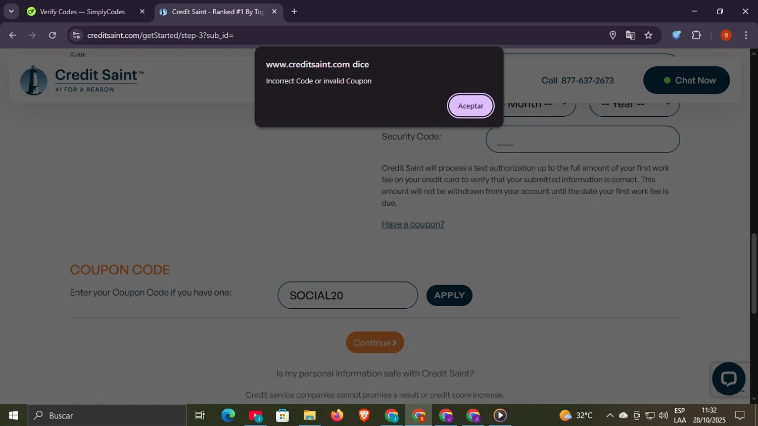 Credit Saint coupon code screenshot showing code SOCIAL20 applied at Credit Saint checkout page. Uploaded by SimplyCodes community member Scottcawthon on Oct 28, 2025