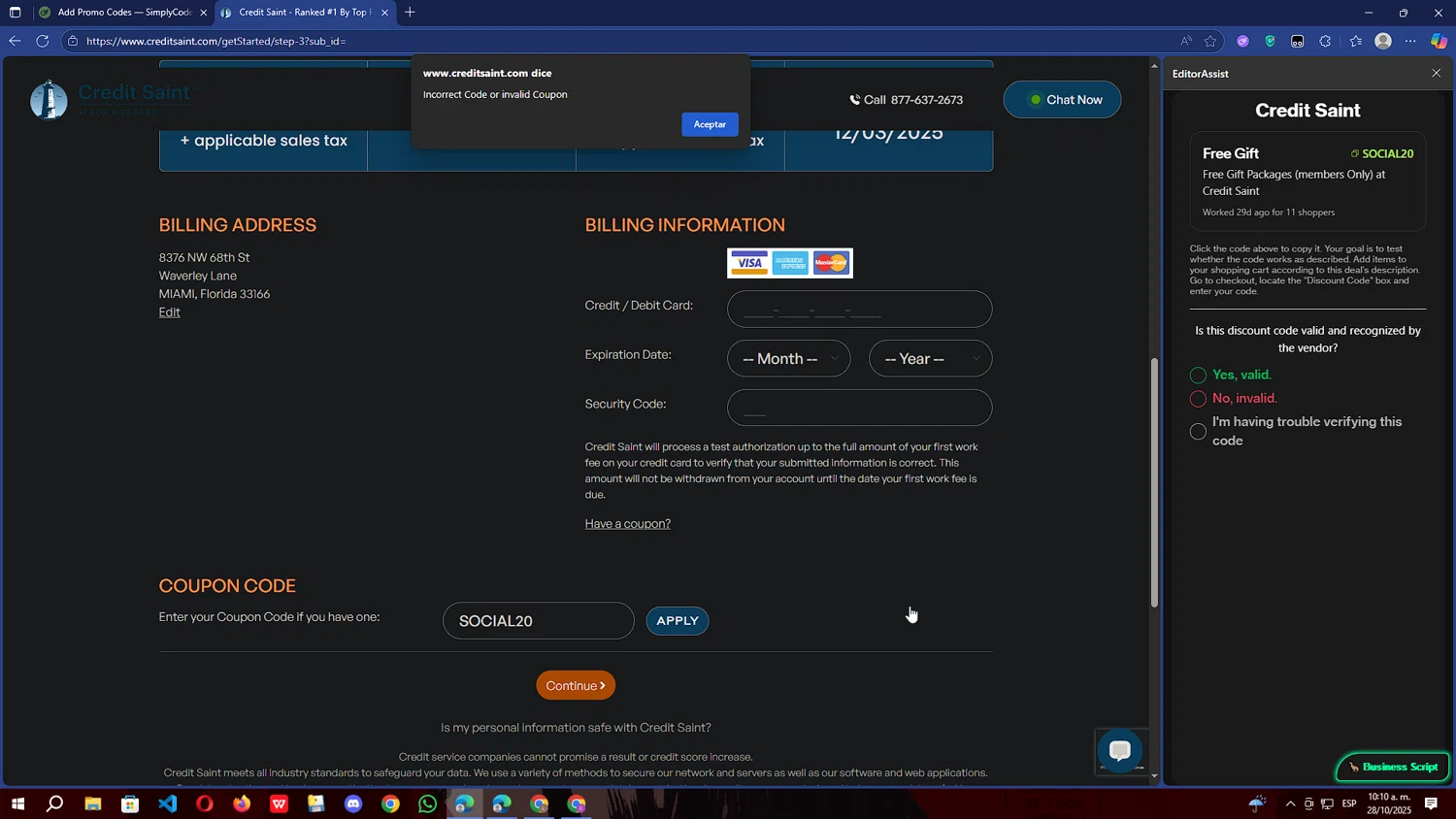 Credit Saint coupon code screenshot showing code SOCIAL20 applied at Credit Saint checkout page. Uploaded by SimplyCodes community member hollowknight on Oct 28, 2025