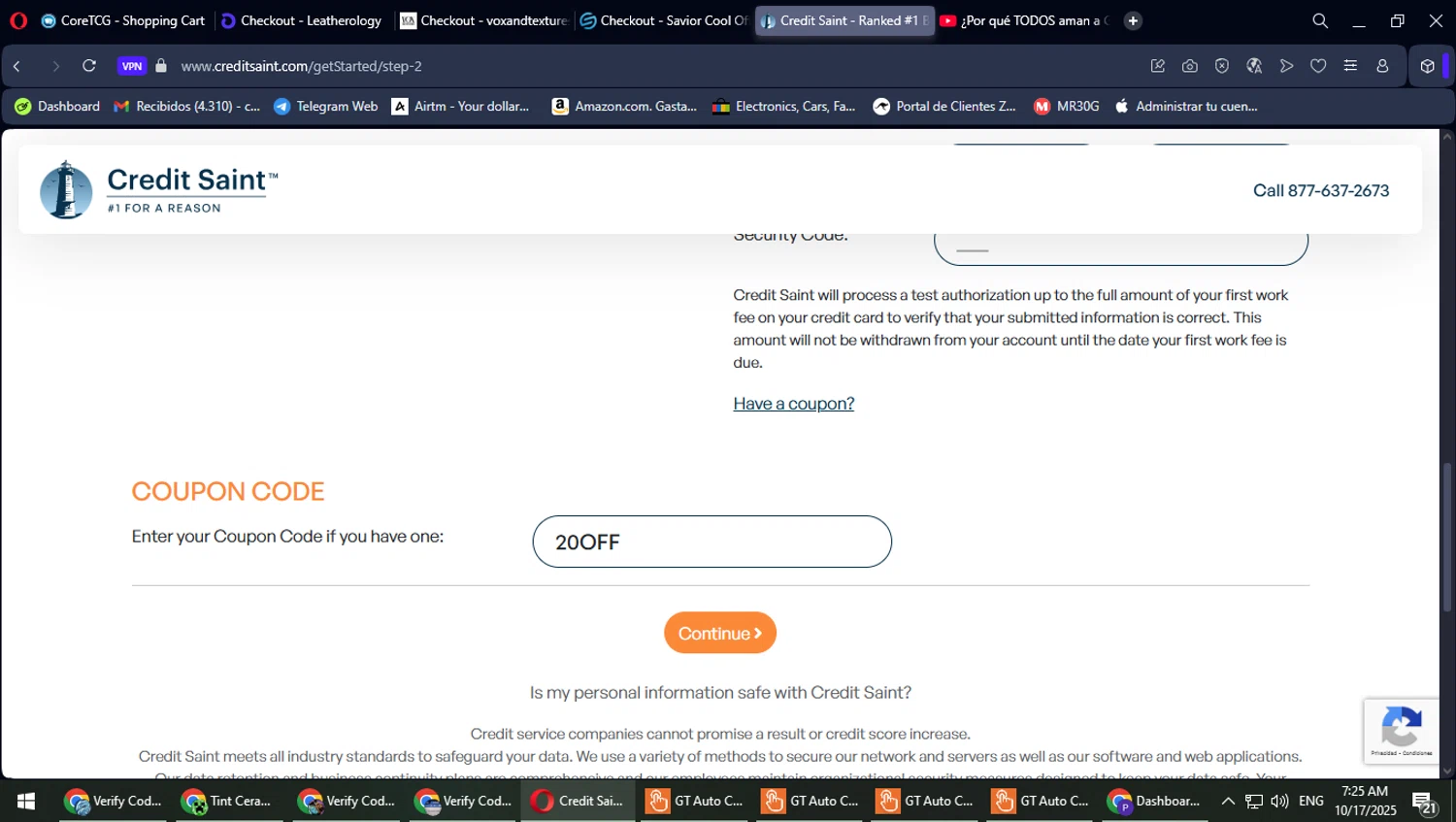 Credit Saint coupon code screenshot showing code 20OFF applied at Credit Saint checkout page. Uploaded by SimplyCodes community member PokeGOAT on Oct 17, 2025