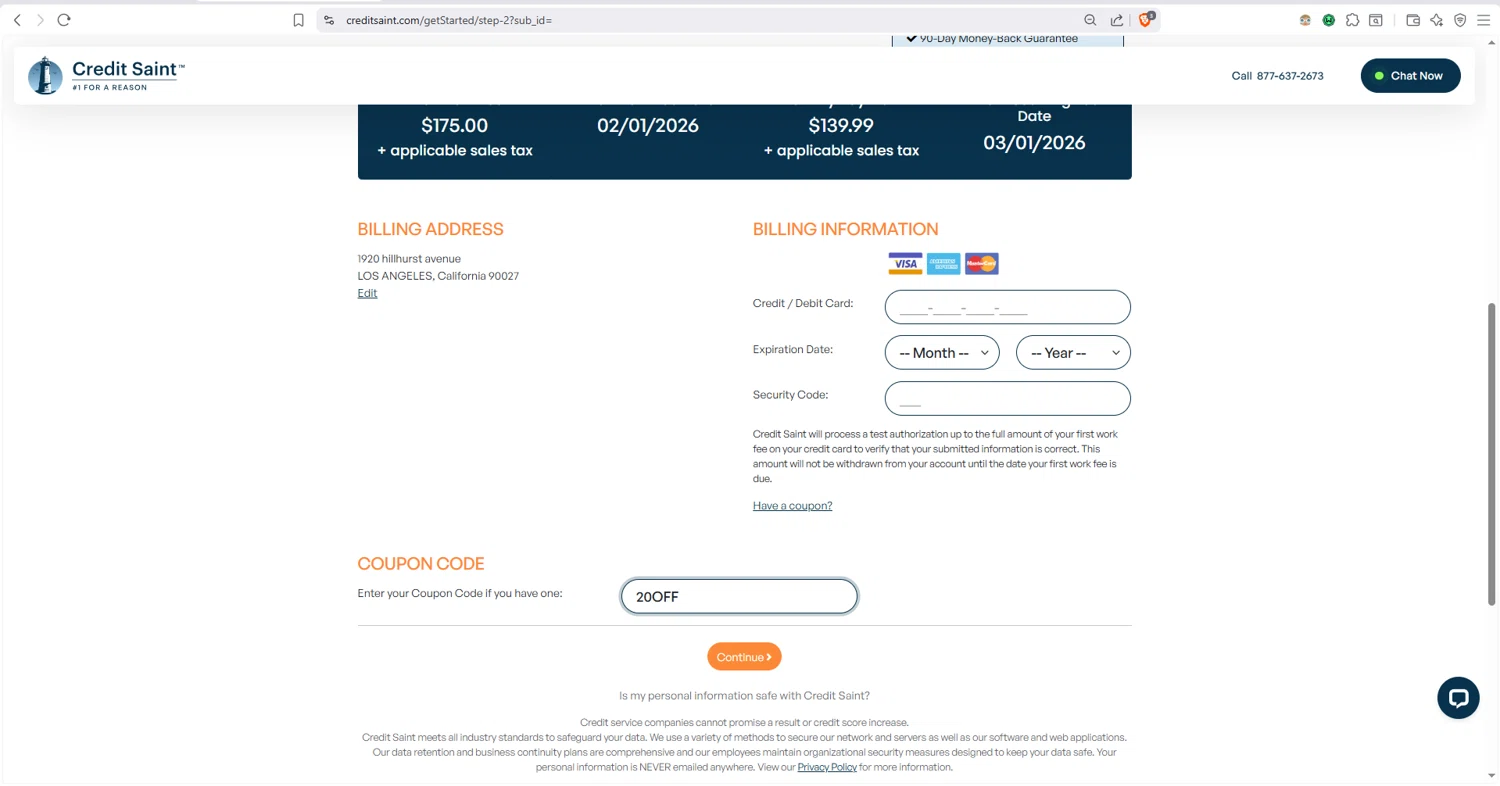 Credit Saint checkout page showing Credit Saint coupon code box | Screenshot taken by SimplyCodes community member on Jan 26, 2026