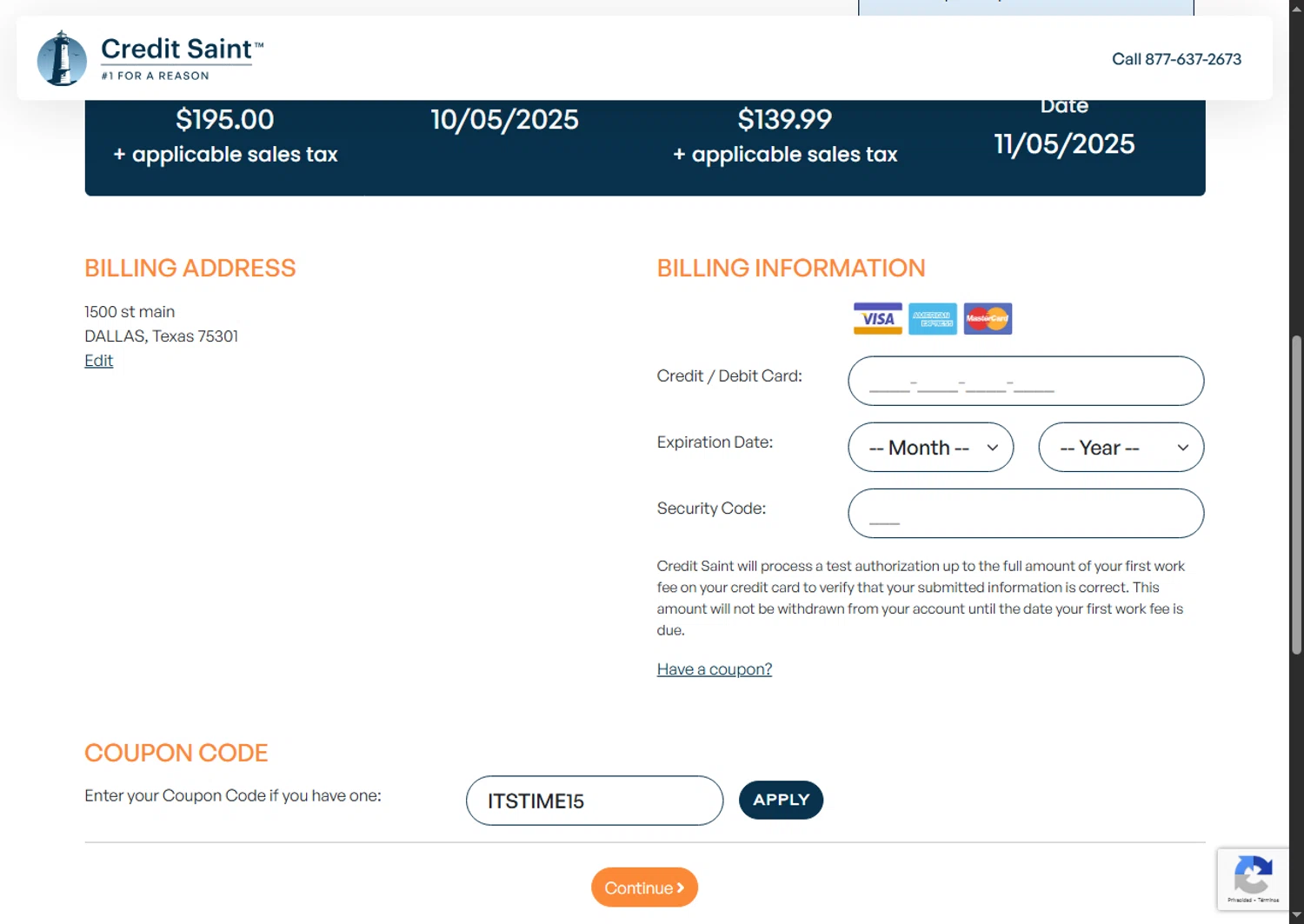 Credit Saint coupon code screenshot showing code ITSTIME15 applied at Credit Saint checkout page. Uploaded by SimplyCodes community member Beaaalmera on Sep 29, 2025