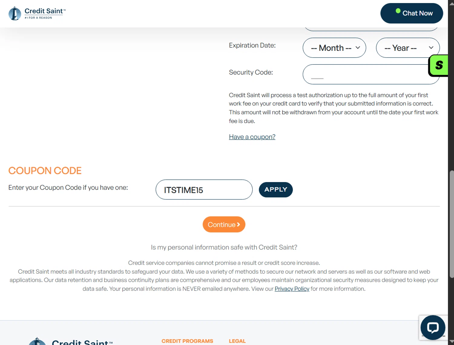 Credit Saint coupon code screenshot showing code ITSTIME15 applied at Credit Saint checkout page. Uploaded by SimplyCodes community member ValiantLion5897 on Oct 28, 2025