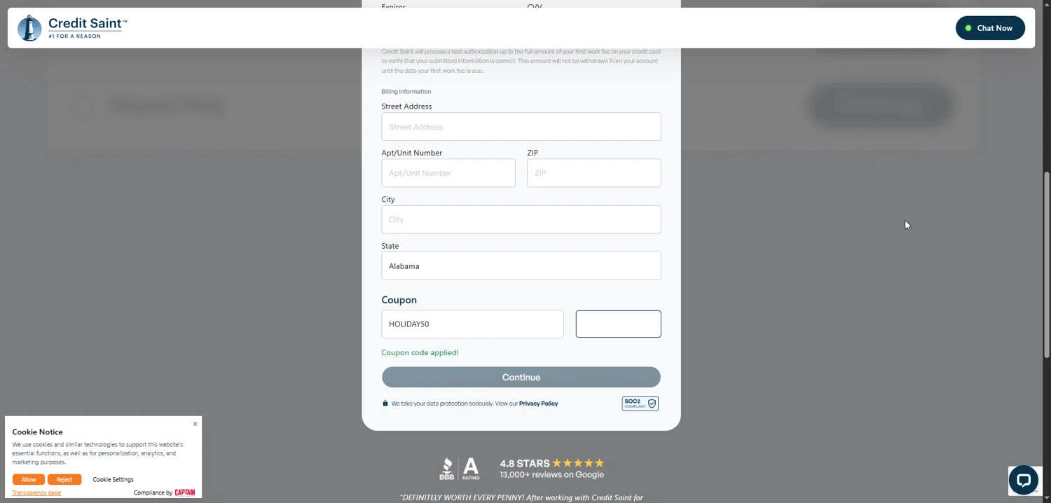 Credit Saint coupon code screenshot showing code HOLIDAY50 applied at Credit Saint checkout page. Uploaded by SimplyCodes community member Enmanuel99 on Jan 7, 2026