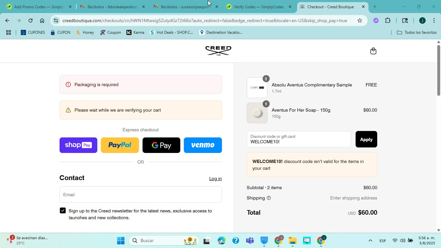 Creed discount code screenshot showing code WELCOME10! applied at Creed checkout page. Uploaded by SimplyCodes community member ABHF23 on Aug 3, 2025
