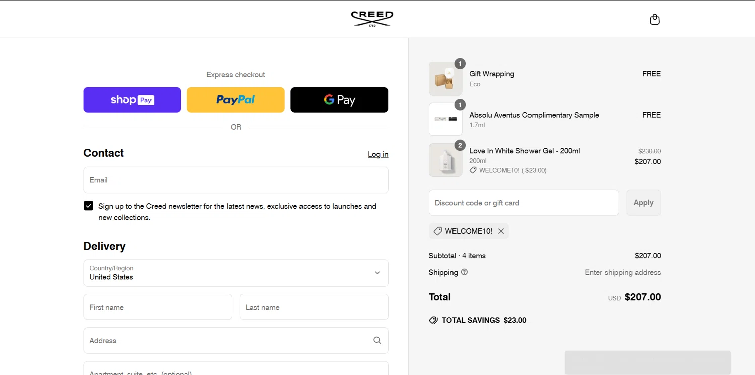 Creed discount code screenshot showing code WELCOME10! applied at Creed checkout page. Uploaded by SimplyCodes community member Lanzaa on Jun 16, 2025