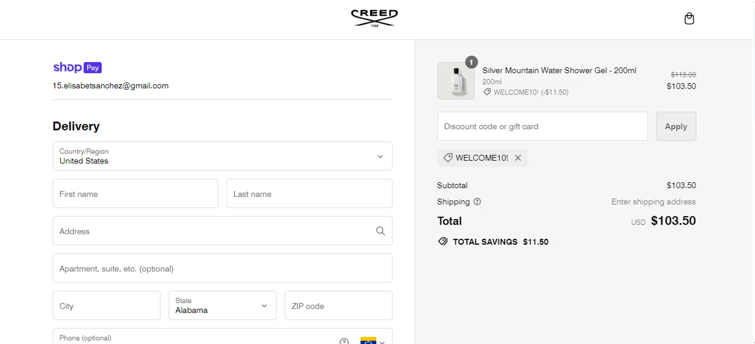 where to use Creed Boutique promo code box