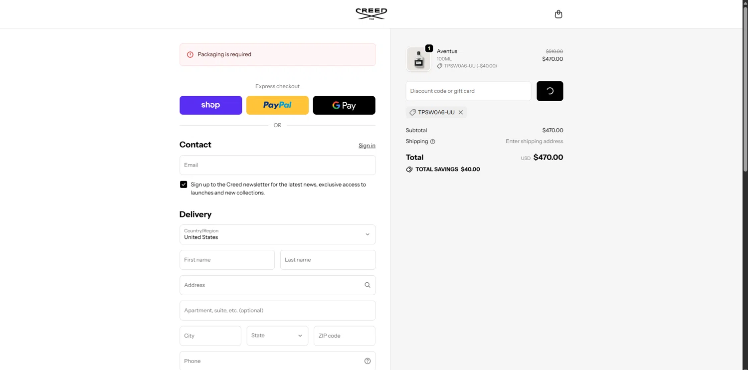 Creed discount code screenshot showing code TPSW0A6-UU applied at Creed checkout page. Uploaded by SimplyCodes community member GloriousCollector3551 on Oct 24, 2025