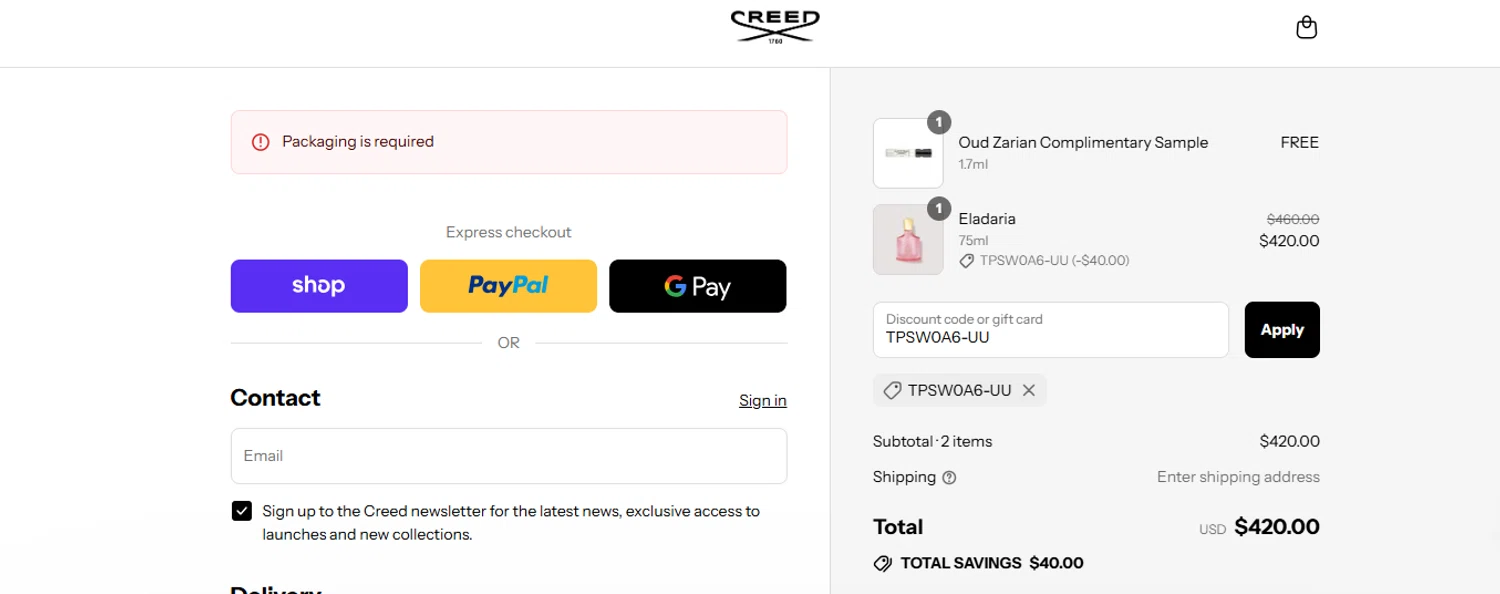 Creed discount code screenshot showing code TPSW0A6-UU applied at Creed checkout page. Uploaded by SimplyCodes community member ashe1986 on Sep 17, 2025