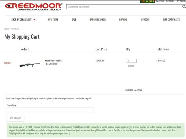 Creedmoor Sports checkout page showing Creedmoor Sports promo code box | Screenshot taken by SimplyCodes community member on Aug 26, 2020