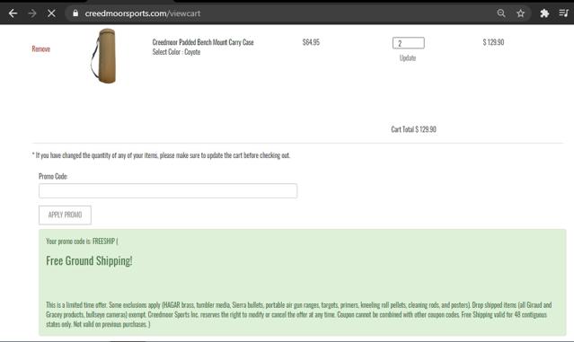 Creedmoor Sports checkout page showing Creedmoor Sports promo code box | Screenshot taken by SimplyCodes community member on Aug 26, 2020