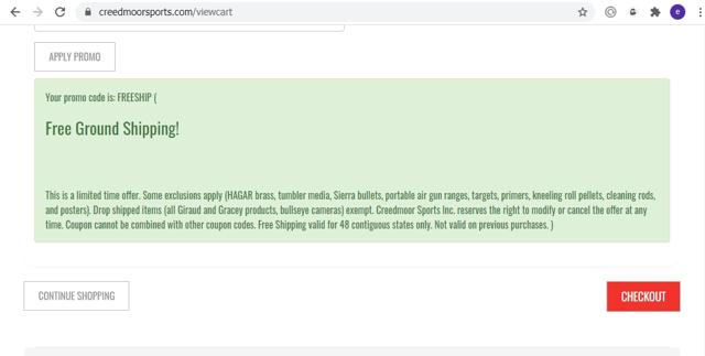 Creedmoor Sports checkout page showing Creedmoor Sports promo code box | Screenshot taken by SimplyCodes community member on Aug 26, 2020